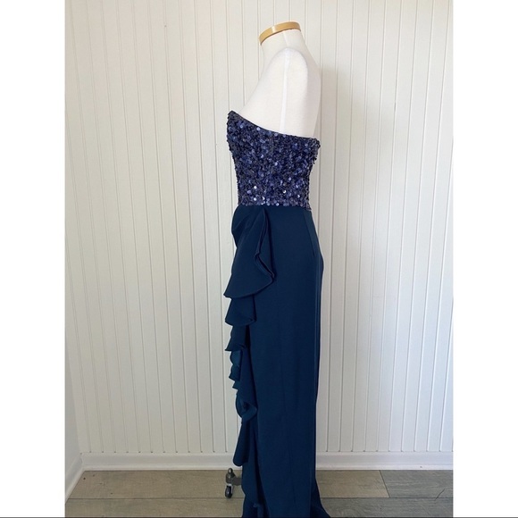 Badgley Mischka Navy Blue Strapless Sequins Ruffle Long Gown Dress Size 10 - Picture 5 of 14